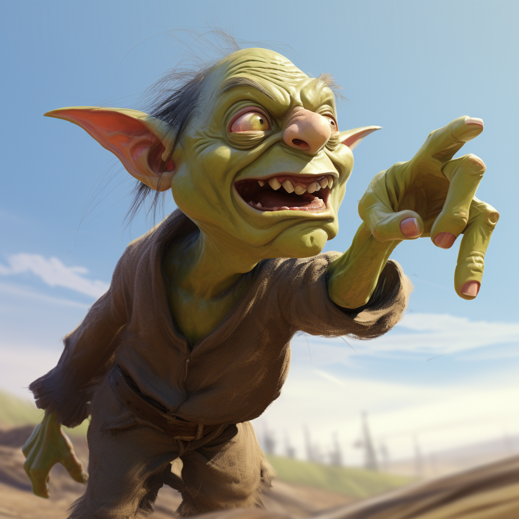 Funny goblin pointing backwards with mouth open