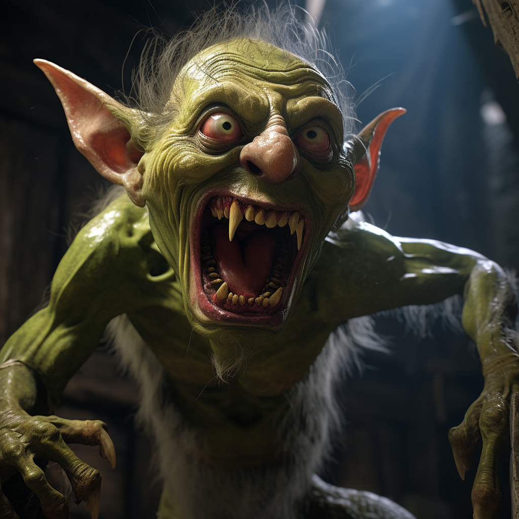 Goblin pointing backwards with open mouth