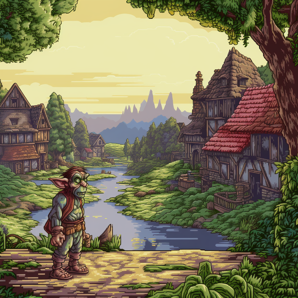 Goblin in RPG game with village background