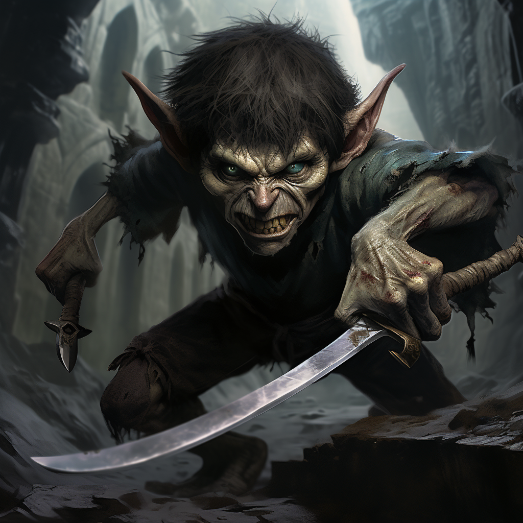 Goblin attacking with rusty knife in catacomb