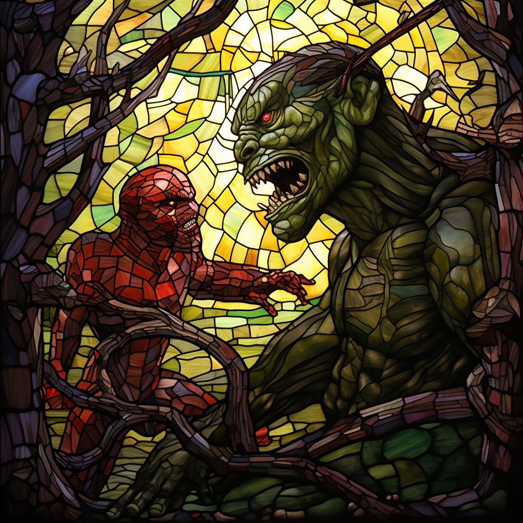 Green-skinned goblin defeating worm monster in mosaic