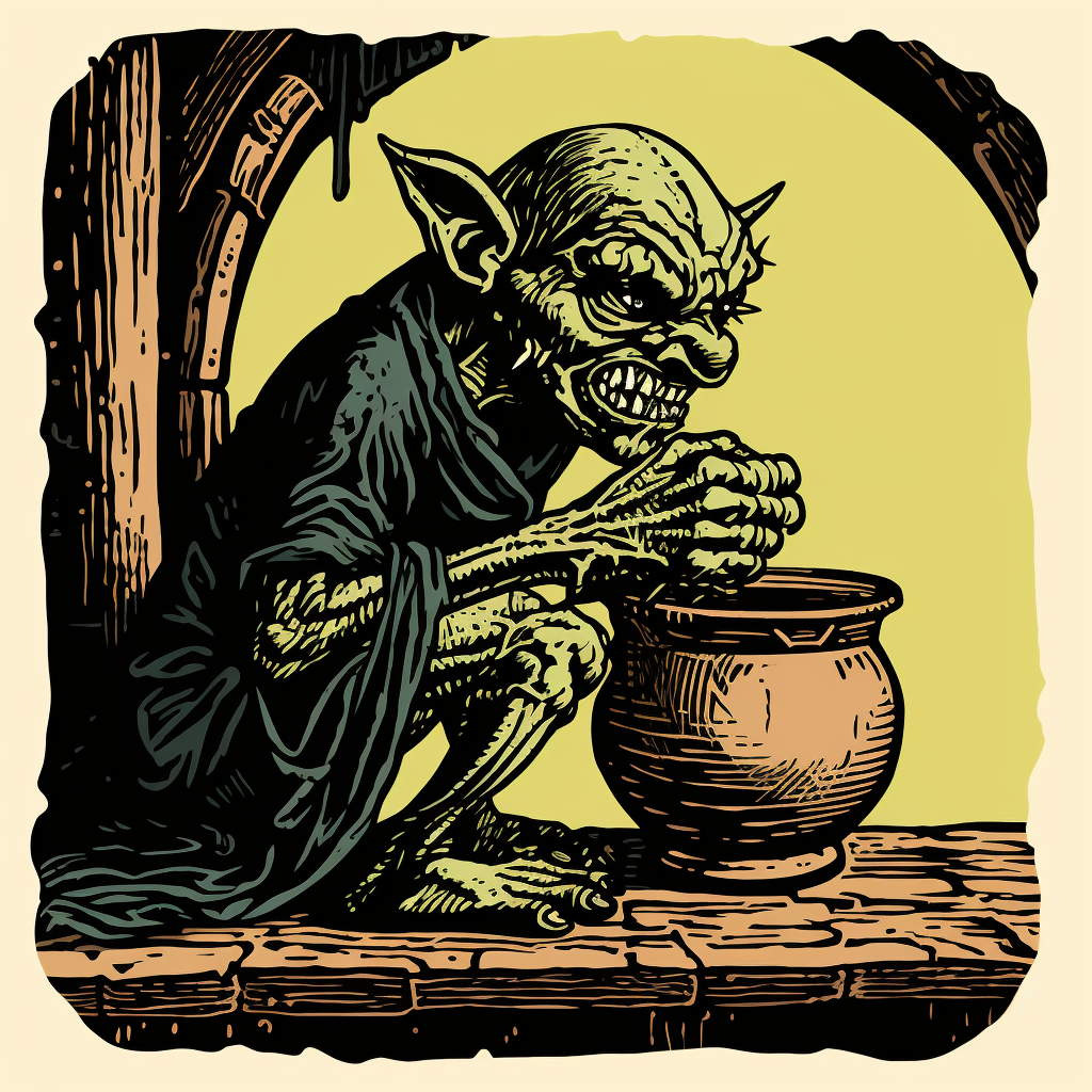 Goblin enjoying soup from a can