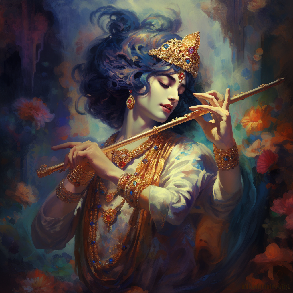 Beautiful God Krishna playing the flute