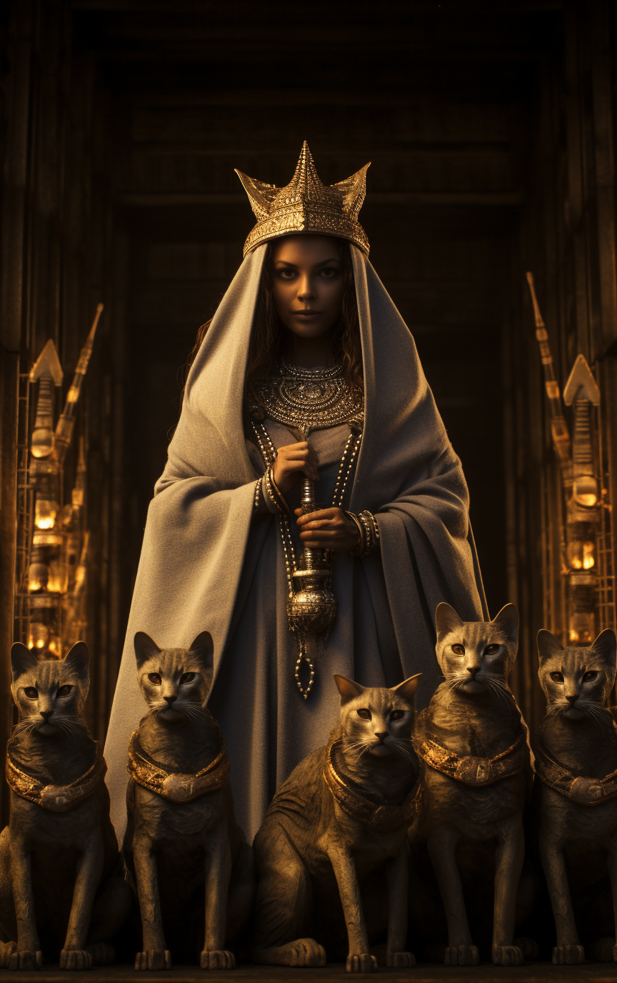 The goddess Bastet surrounded by cats