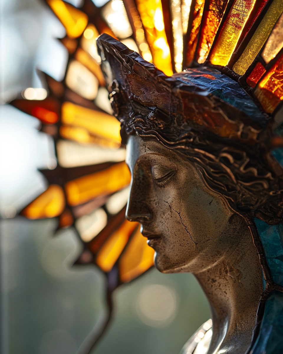 Beautiful boy wearing a goddess halo crown and crown sunburst in stained glass.