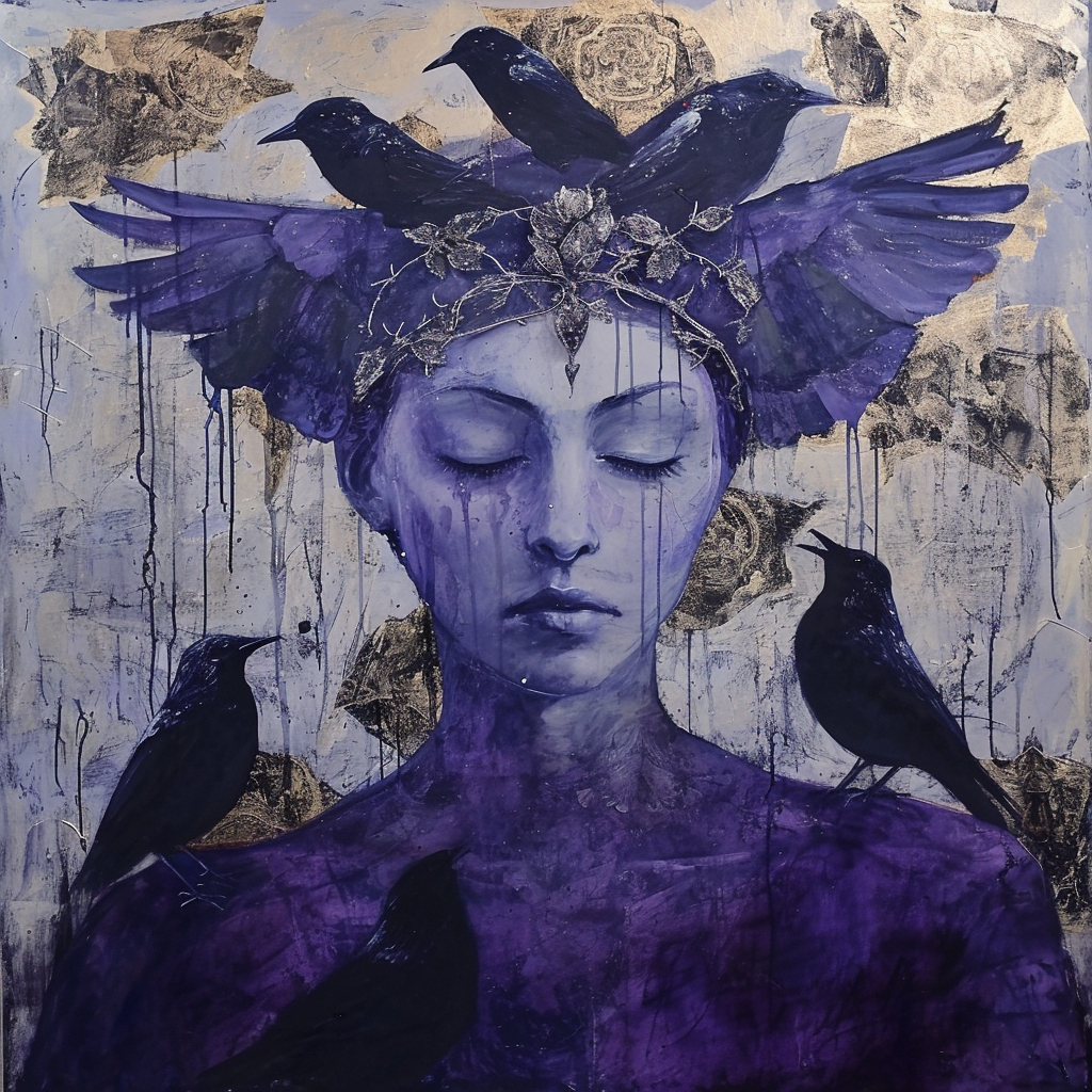 Primitivist painting of goddess with birds