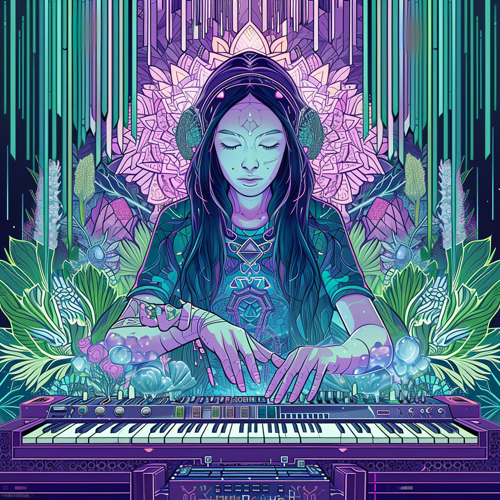 Goddess producing music on synth