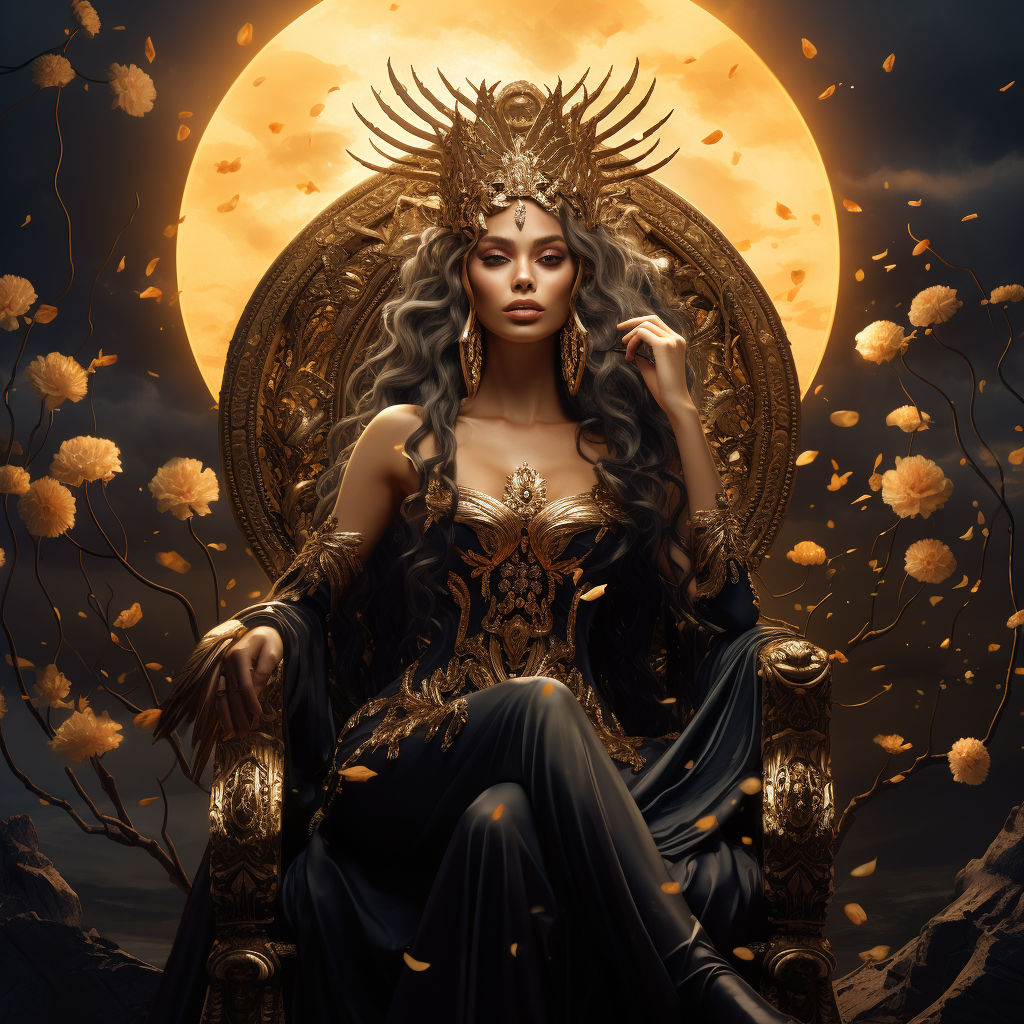 Goddess in Black Shimmering Dress on Throne