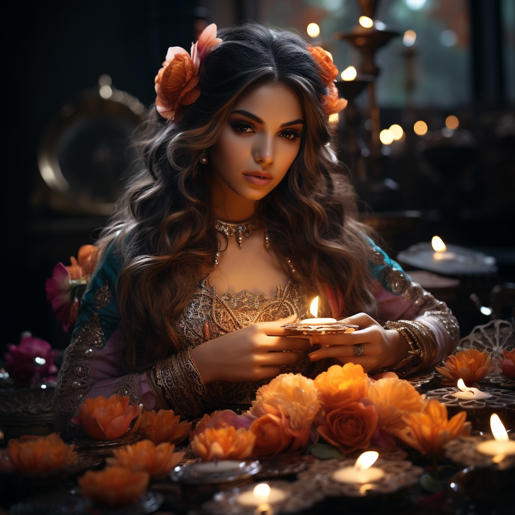 Goddess Lakshmi on Lotus with Diya