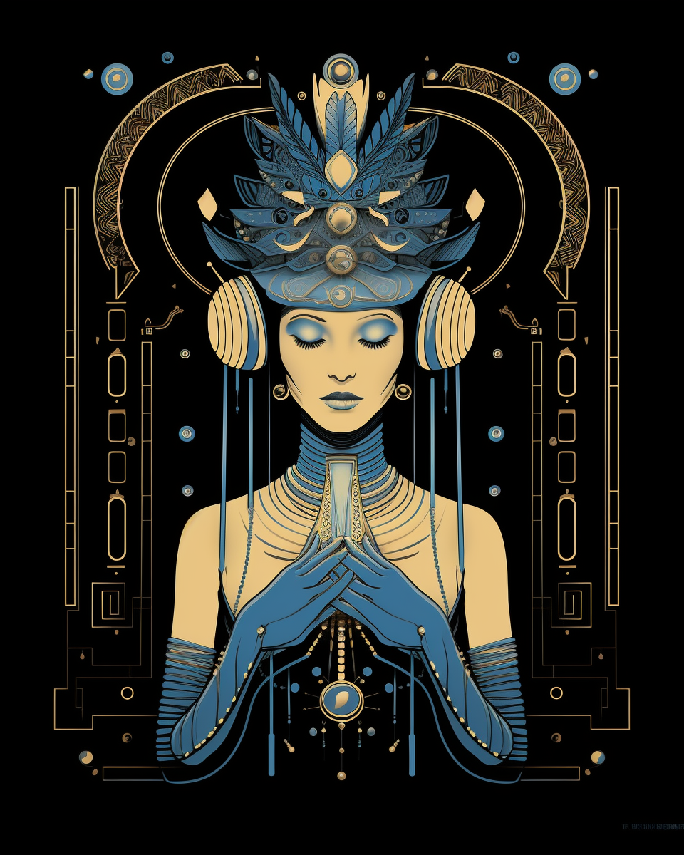 Goddess wearing headphones in a tarot card