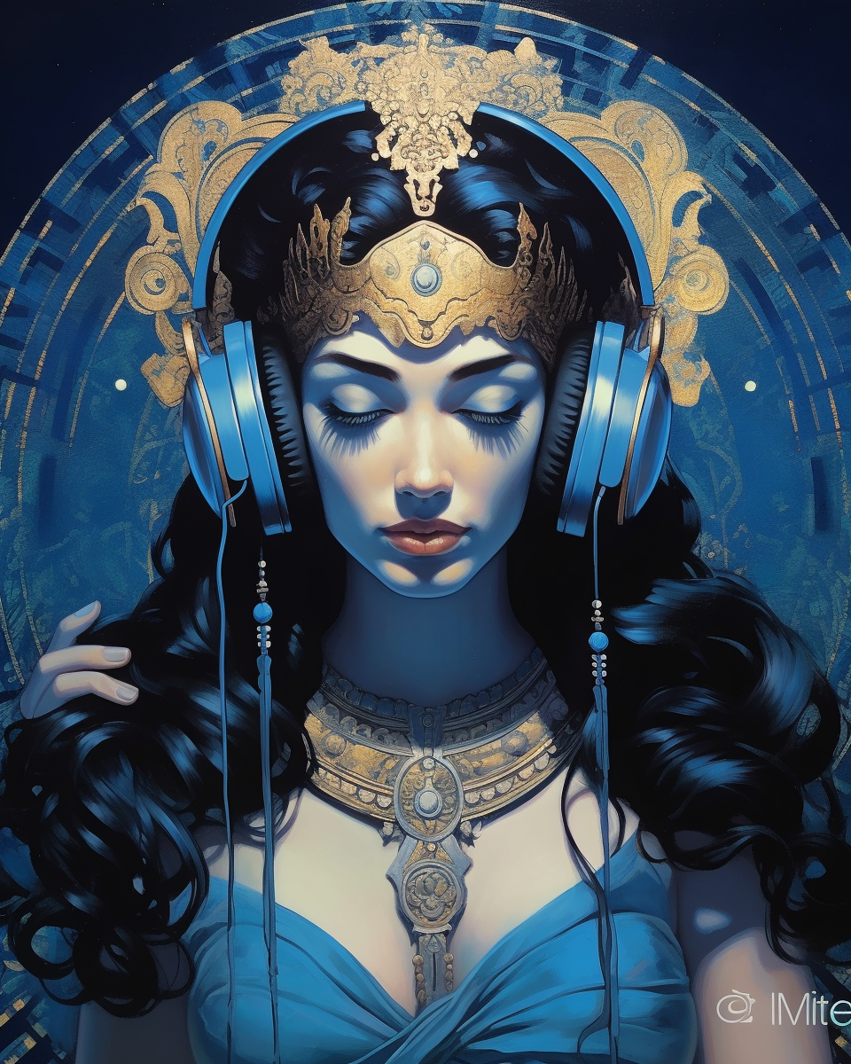 Goddess listening to music in tarot card