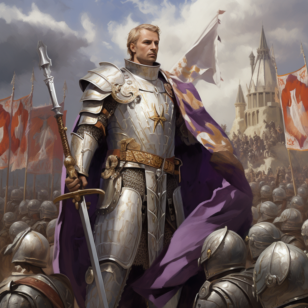 Godfrey of Bouillon in white gold armor leading his Templar army