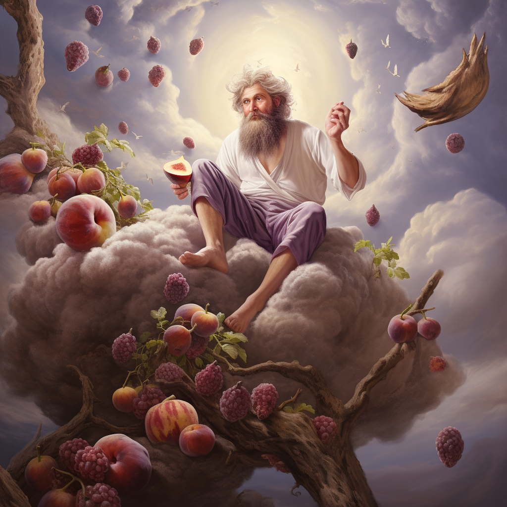 Godlike man enjoying delicious figs in the sky