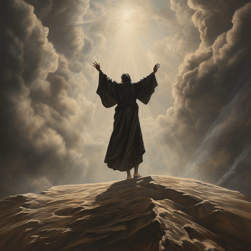 Man in black robe reaching towards the sky