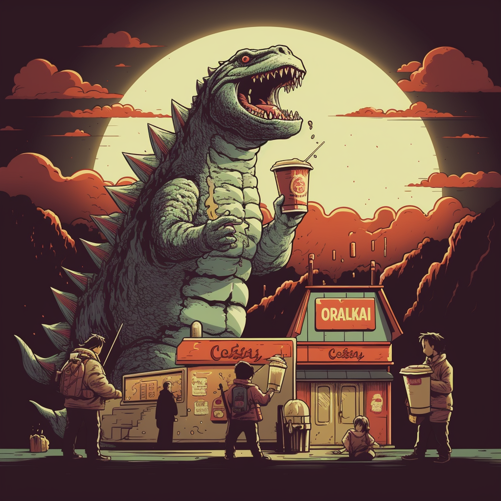 Godzilla enjoying his McDonald's meal