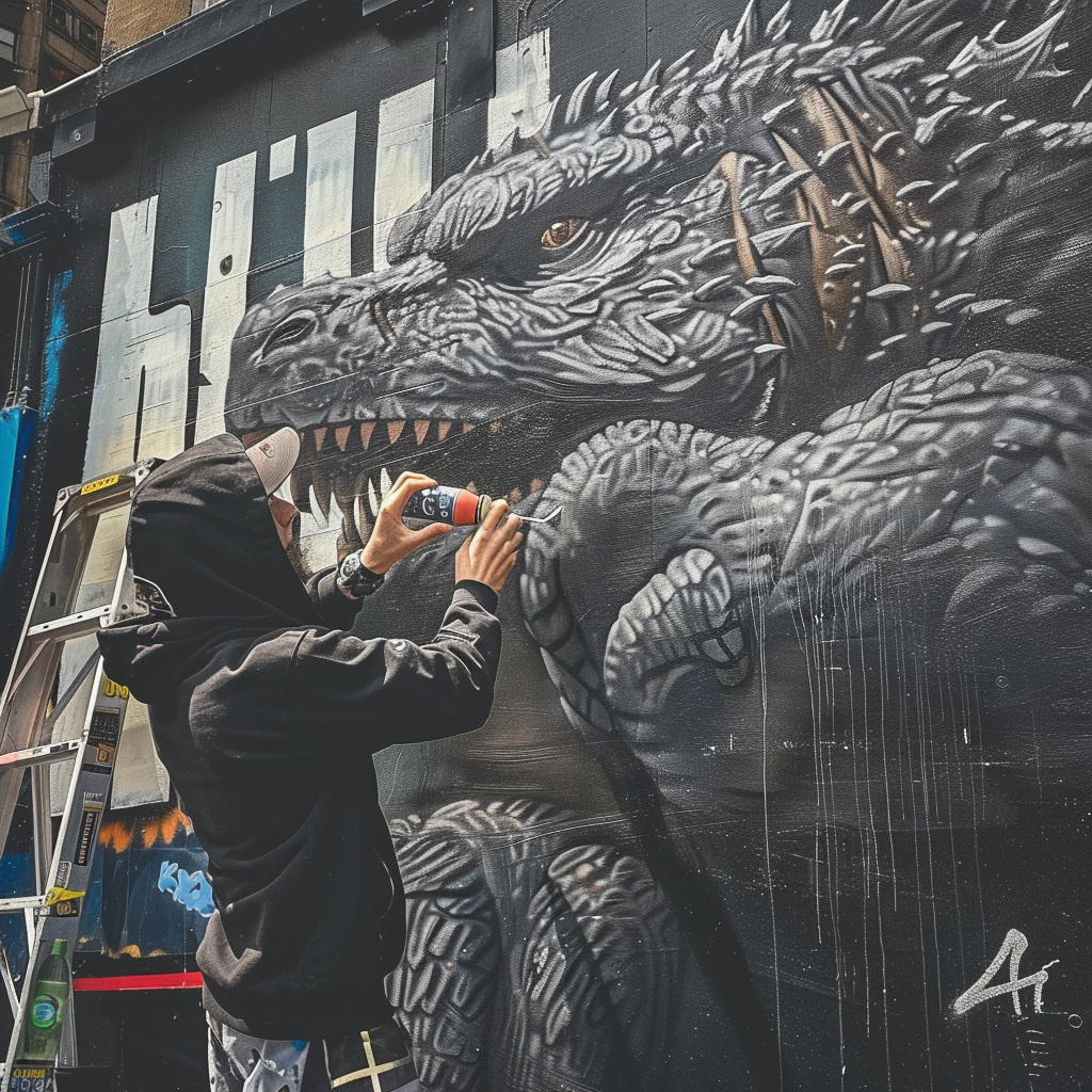 Godzilla graffiti artist spray painting