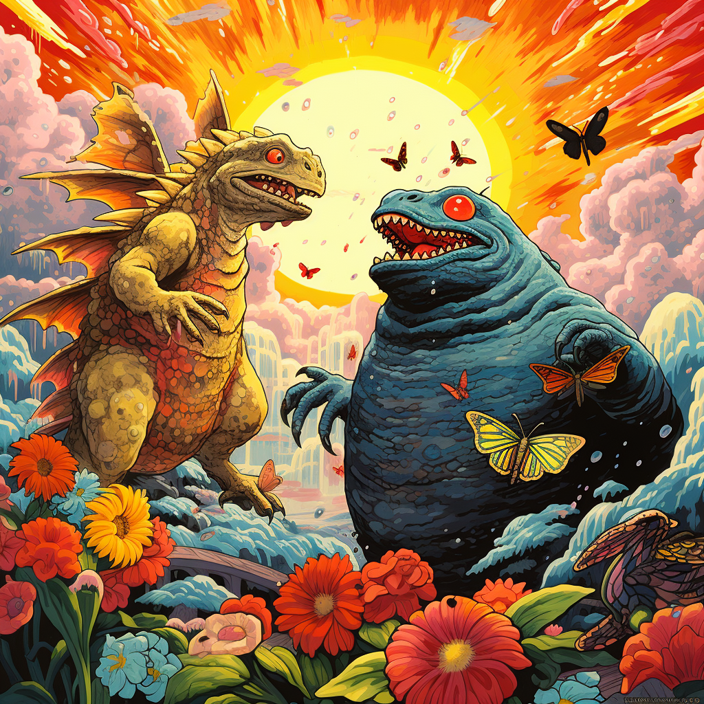 Happy Godzilla Mothra friends psychedelic wonderland