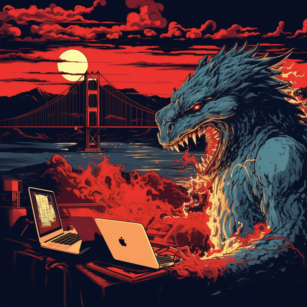 Godzilla working on his Macbook Pro