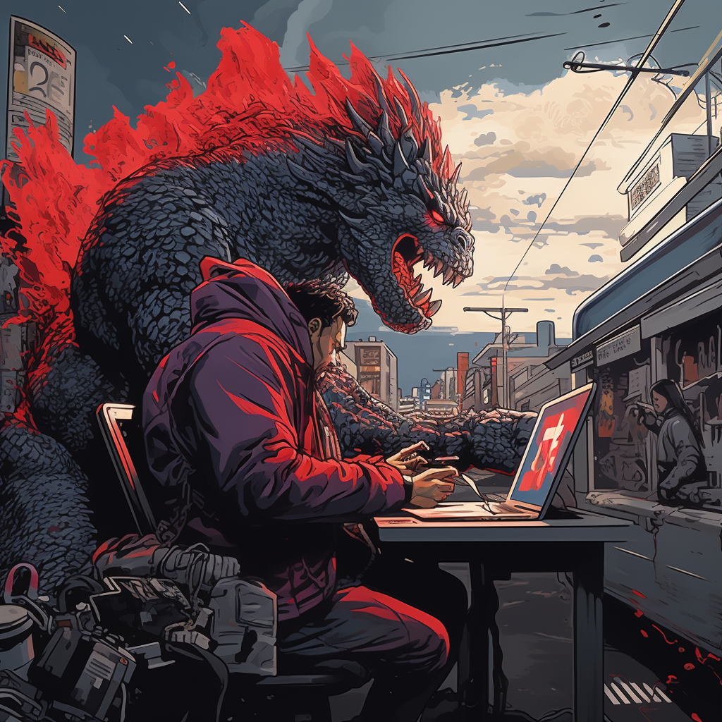 Illustration of Godzilla working on laptop in San Francisco