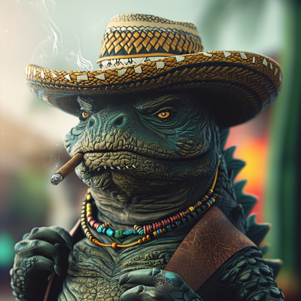 Godzilla wearing sombrero and smoking cigar