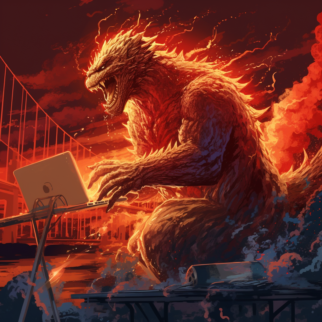 Highly detailed manga-style illustration of Godzilla with a MacBook Pro