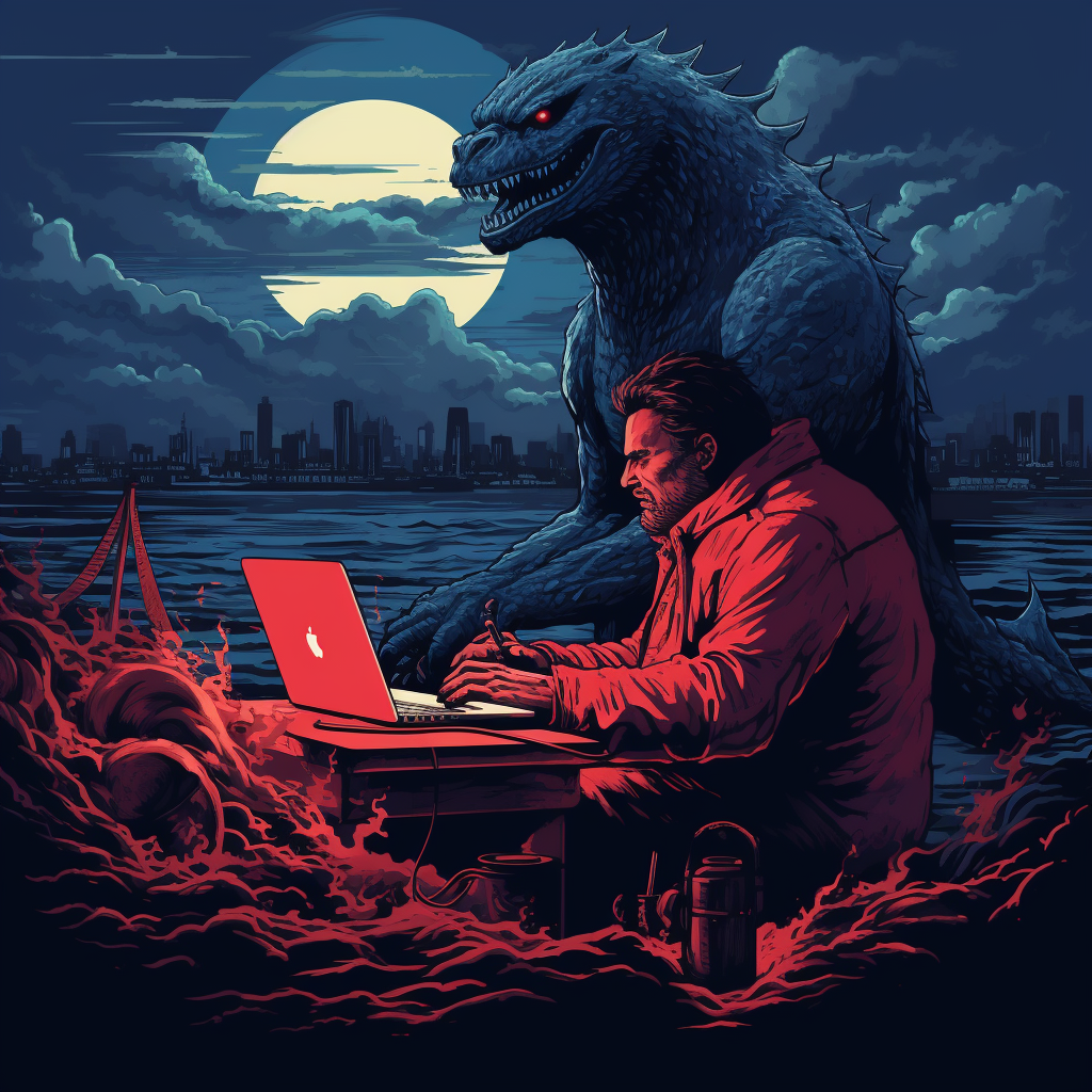 Angry Godzilla working on computer