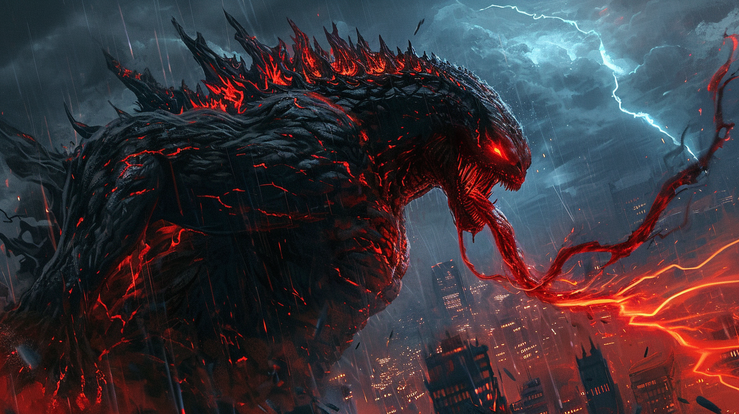 Godzilla Venom city destruction in manga style