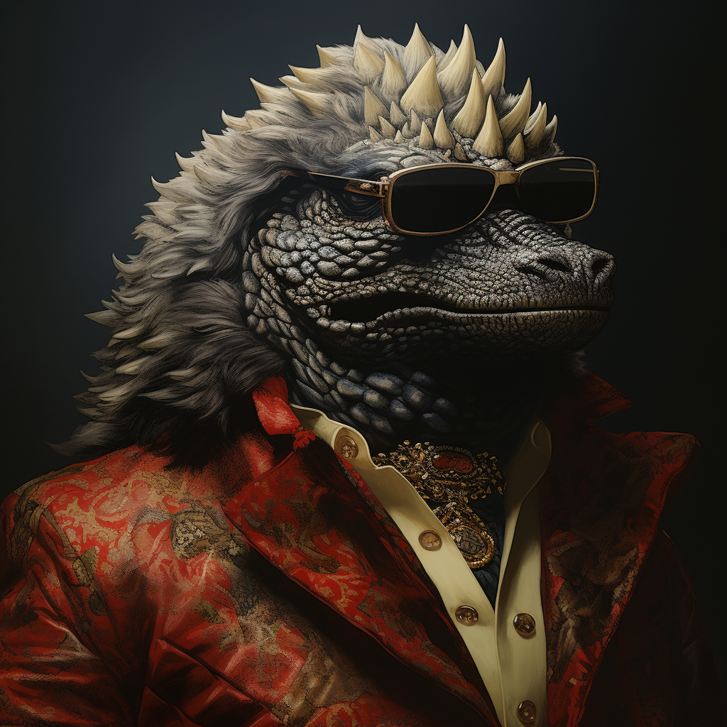 Fashionable Godzilla wearing Gucci attire