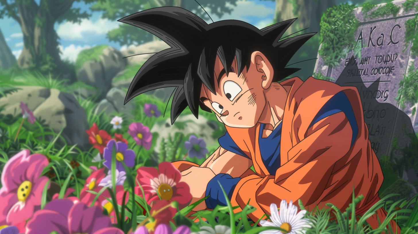 Goku and friends mourning at tombstone