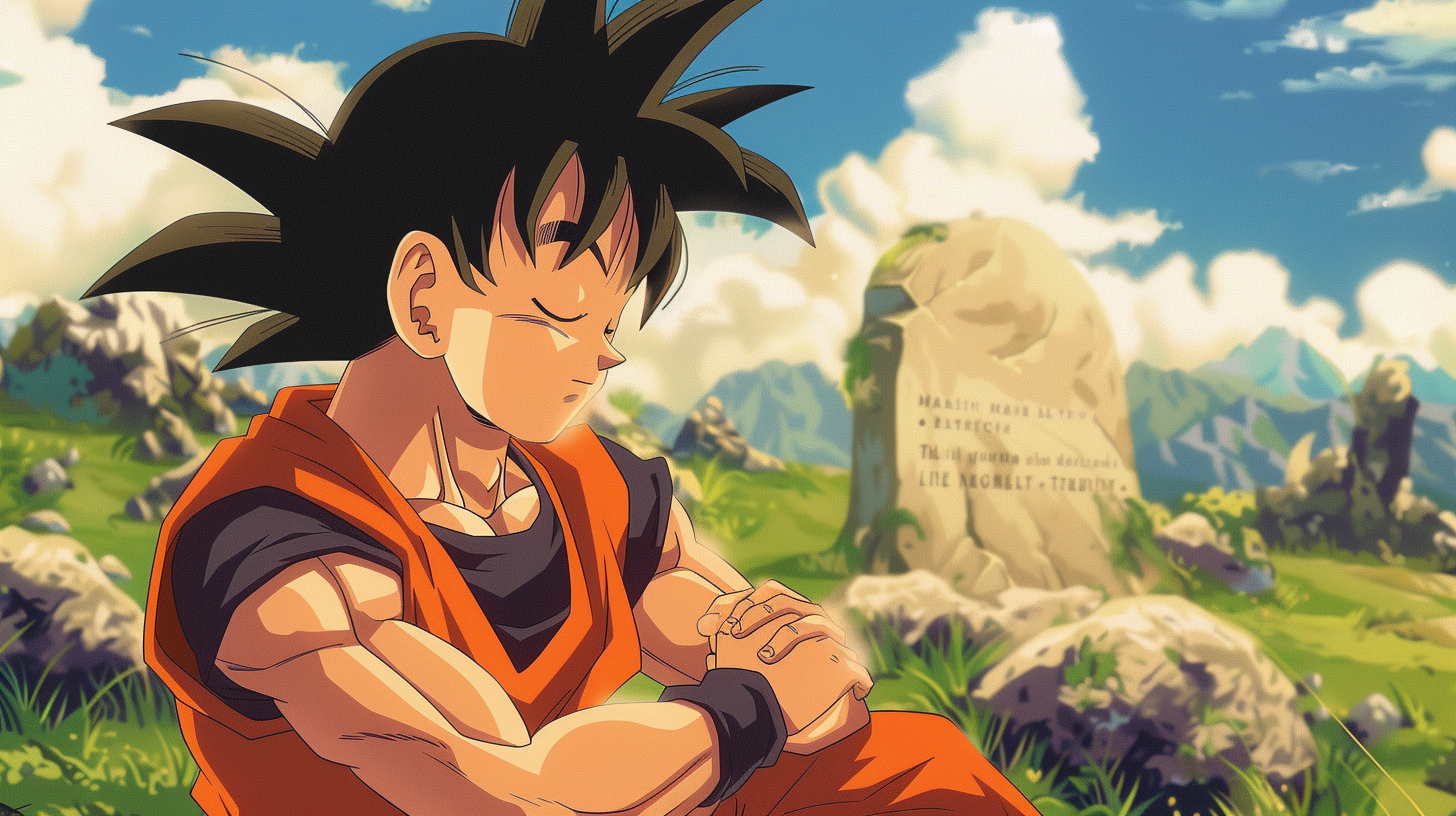 Sad Son Goku Mourns Tombstone