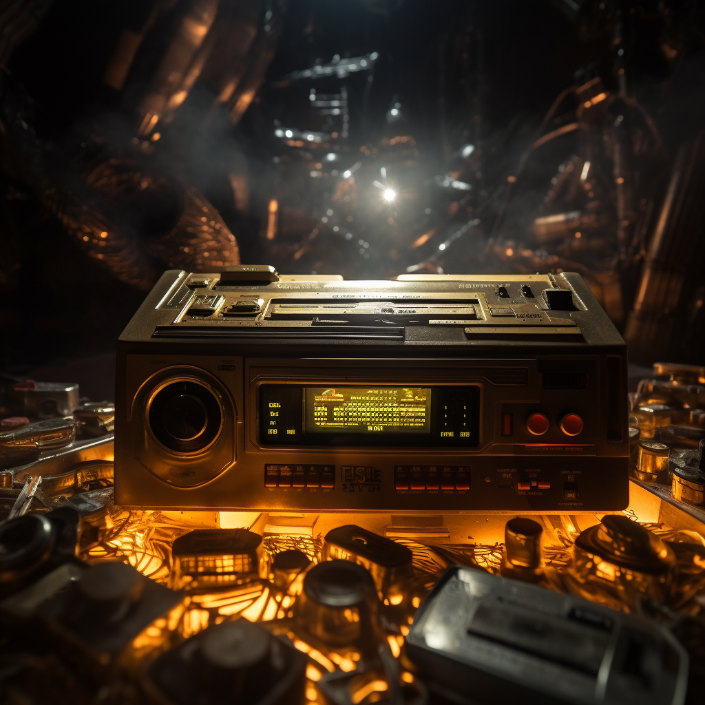 Golden microchip on alien ship embedded in cassette player