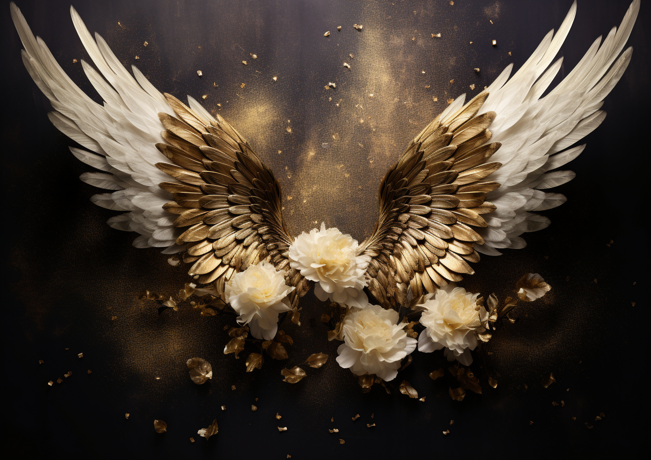 Golden angel wings with flowers and sparkles