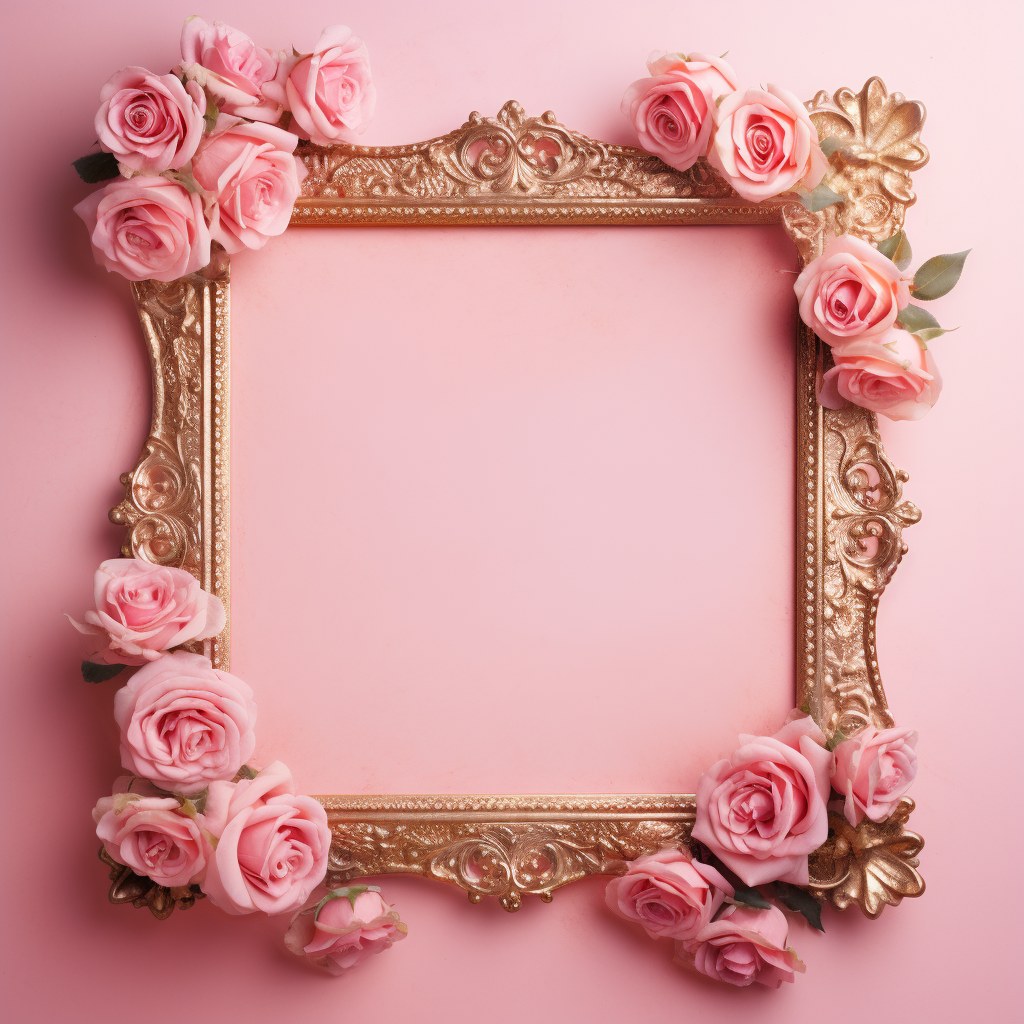 Gold antique frame and pink roses