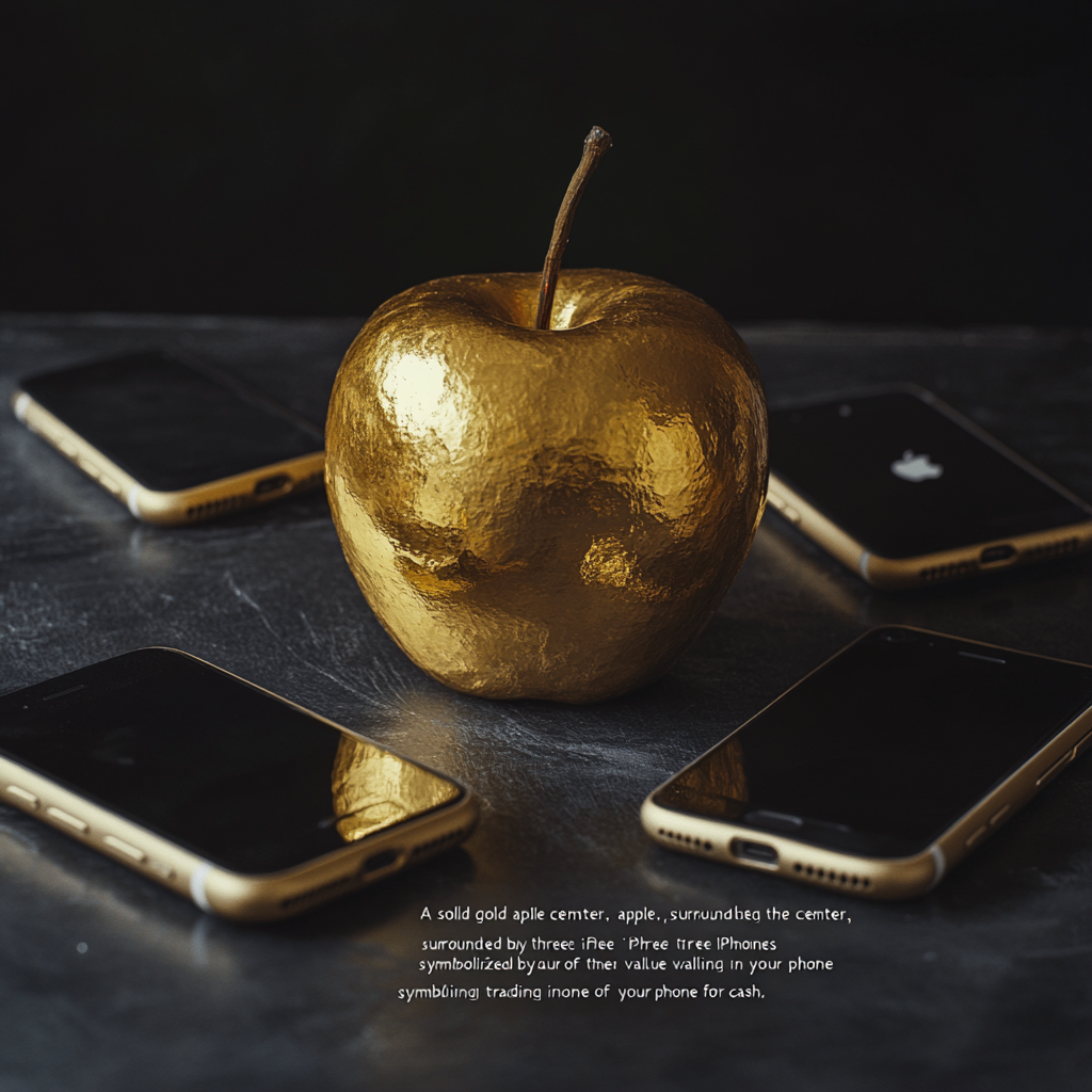 Gold Apple surrounded by iPhones