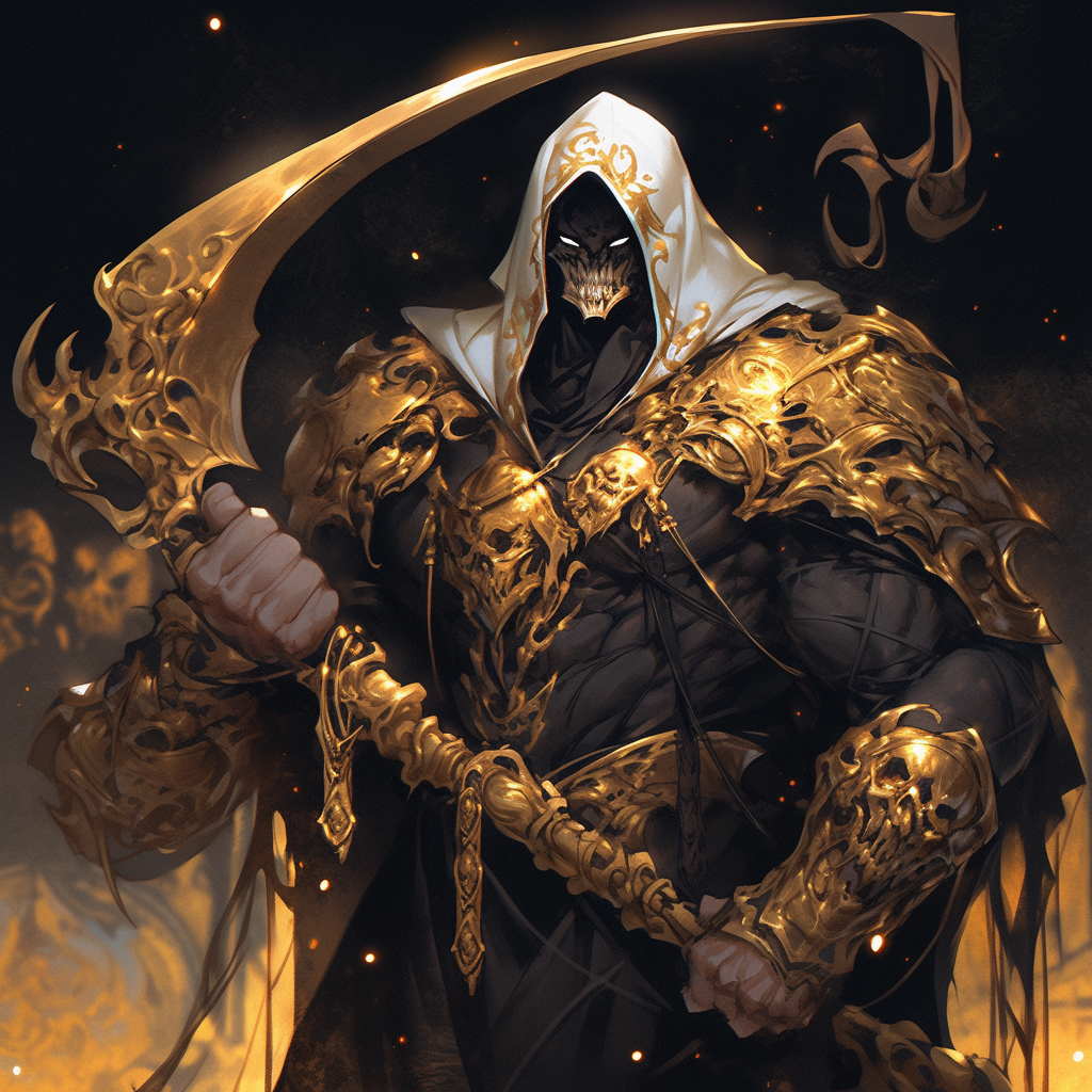 Powerful gold armored man with scythe