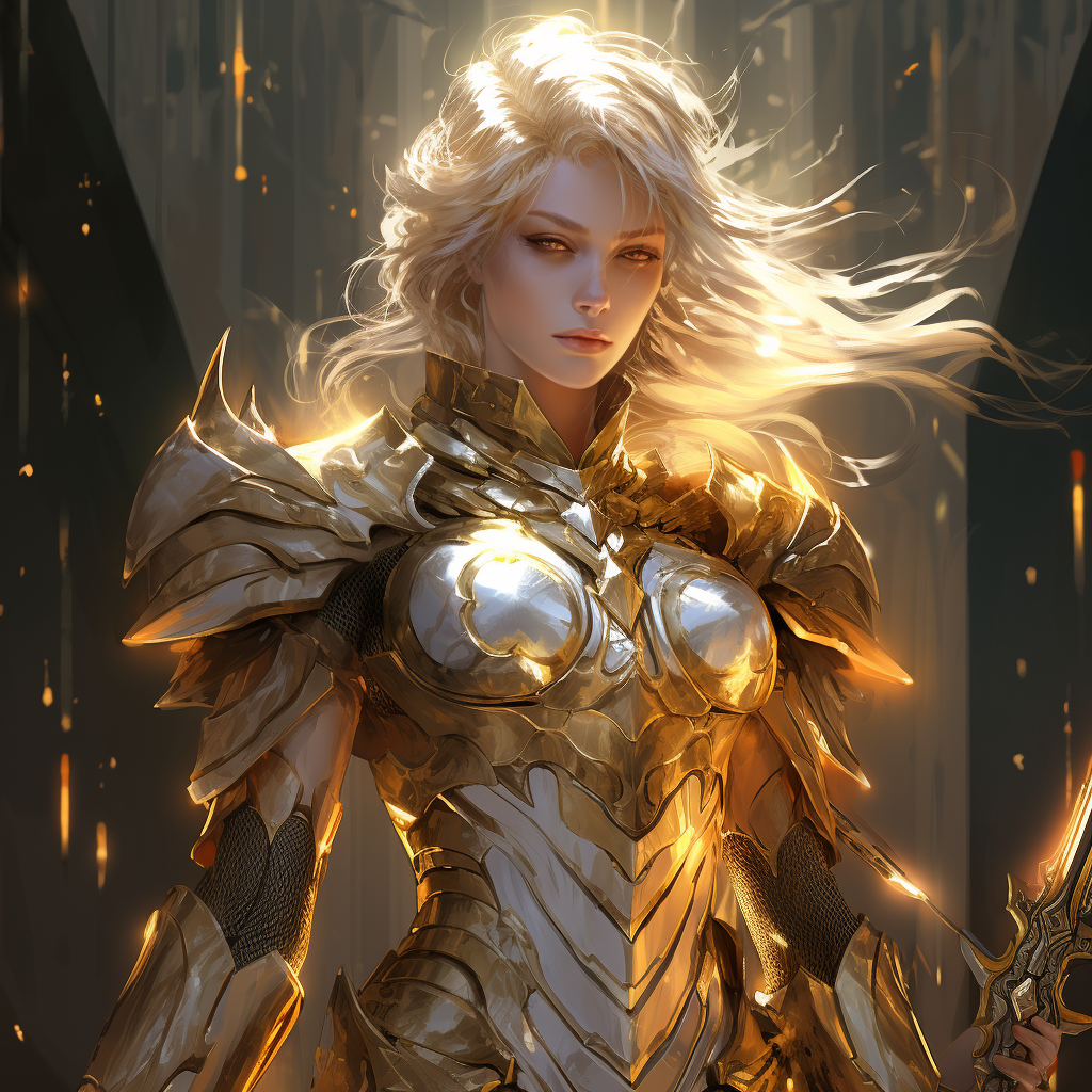 Beautiful woman in golden armor with scepters