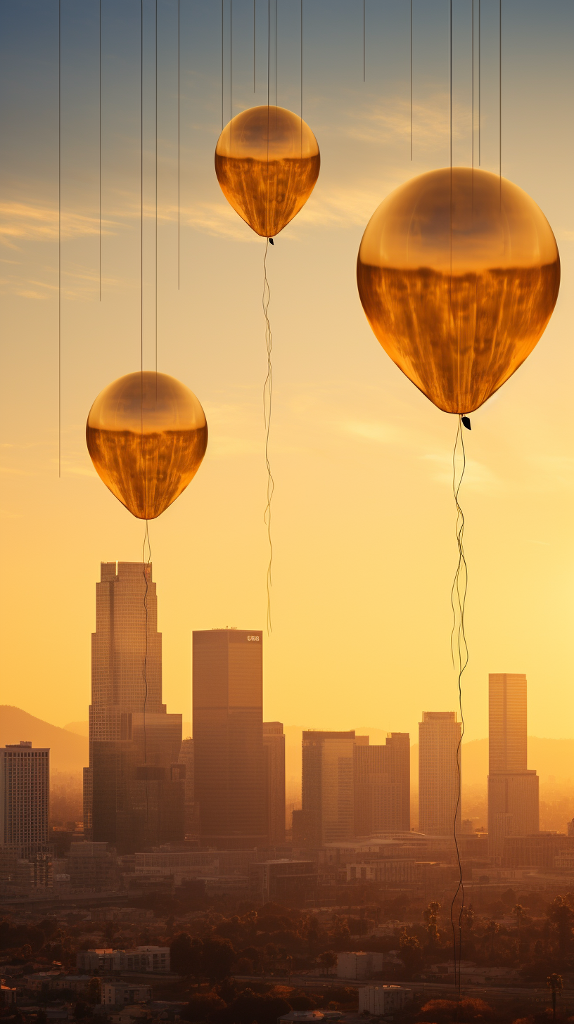 gold balloons downtown Los Angeles sunset