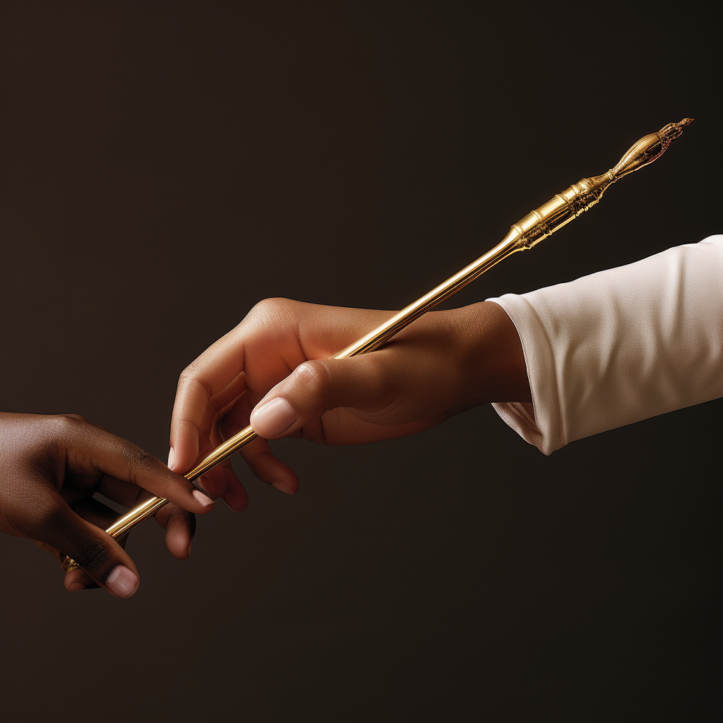 Mother passing gold baton to daughter