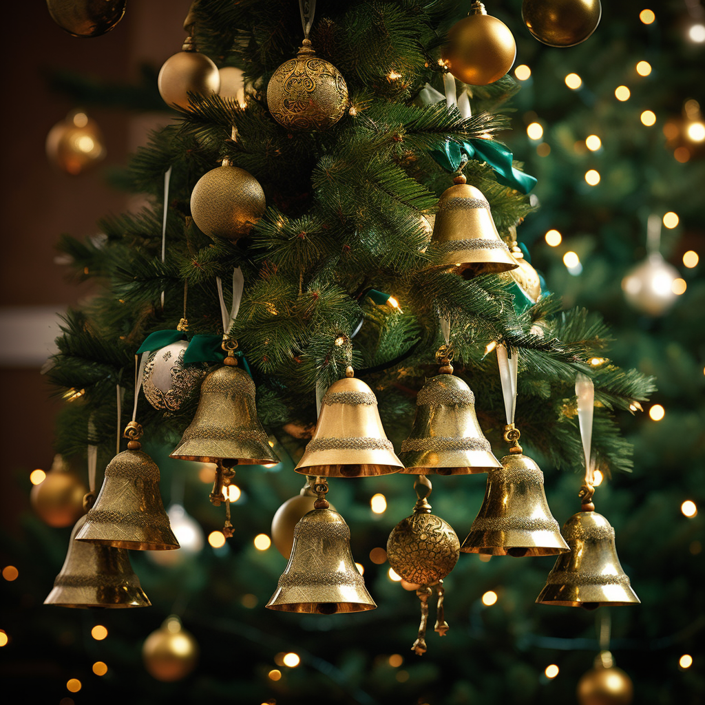 Gold bells hanging on a Christmas tree