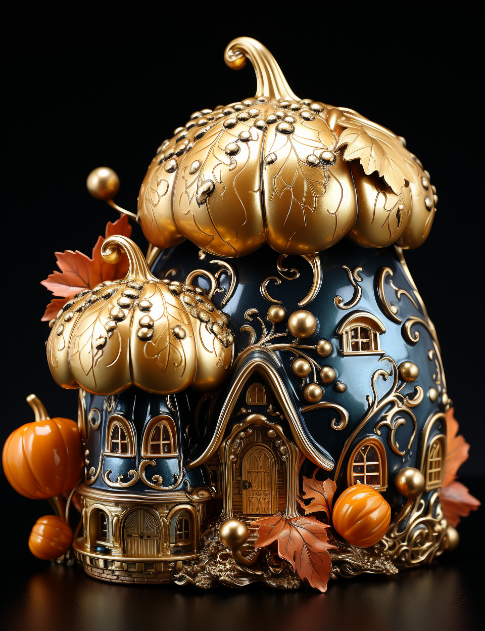 Intricate gold fairy homes amidst autumn leaves and magnolia gardens