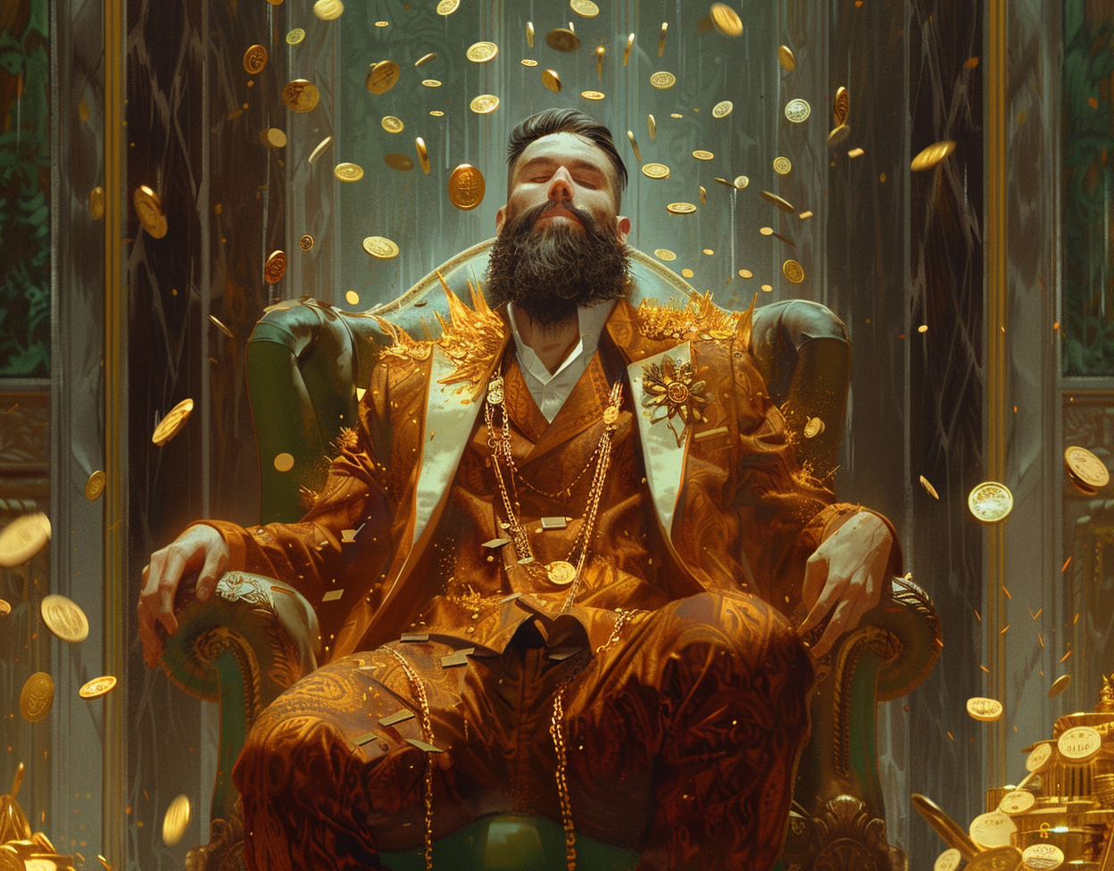 Well-dressed man surrounded by gold coins