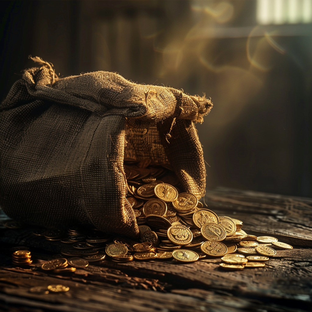 gold coins spilled wooden table