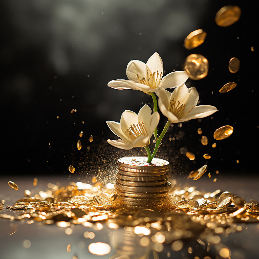 Gold coins sprouting from flower