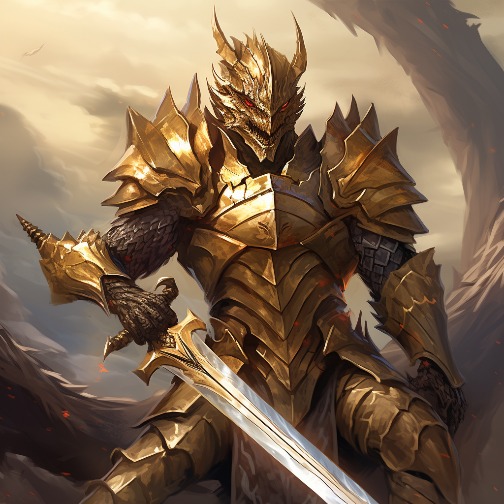 Powerful Gold Dragon Humanoid with Sword