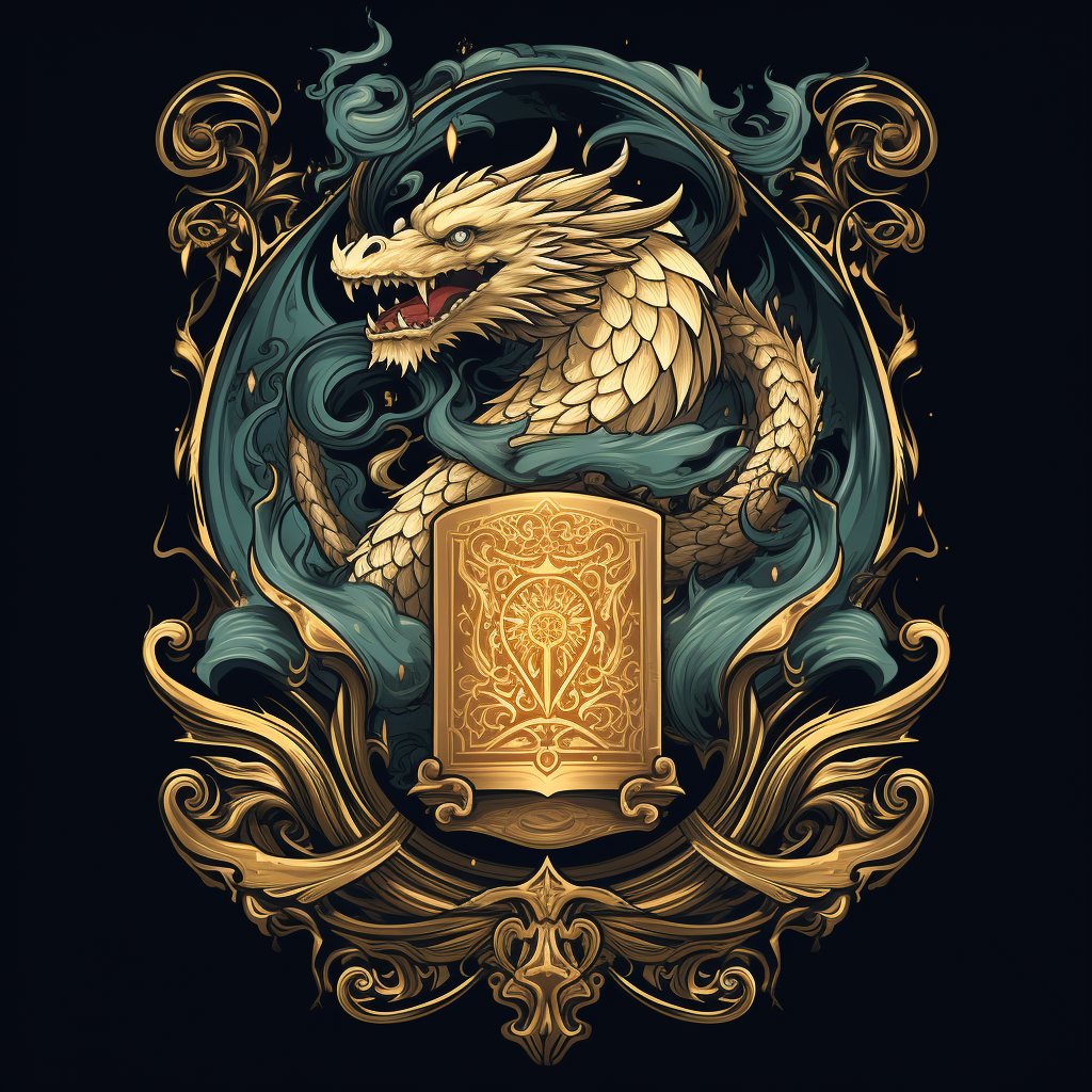 Hand-drawn gold dragon scroll emblem