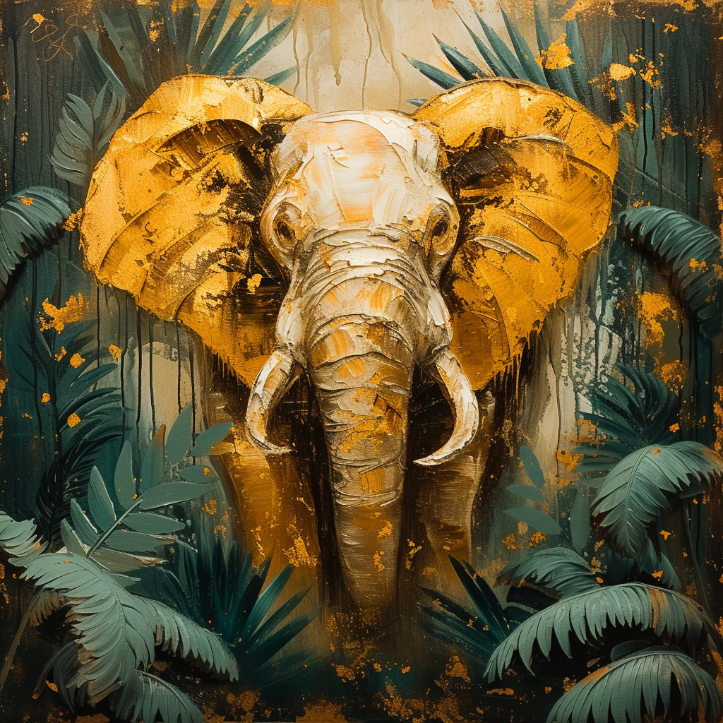 Golden elephant in jungle painting