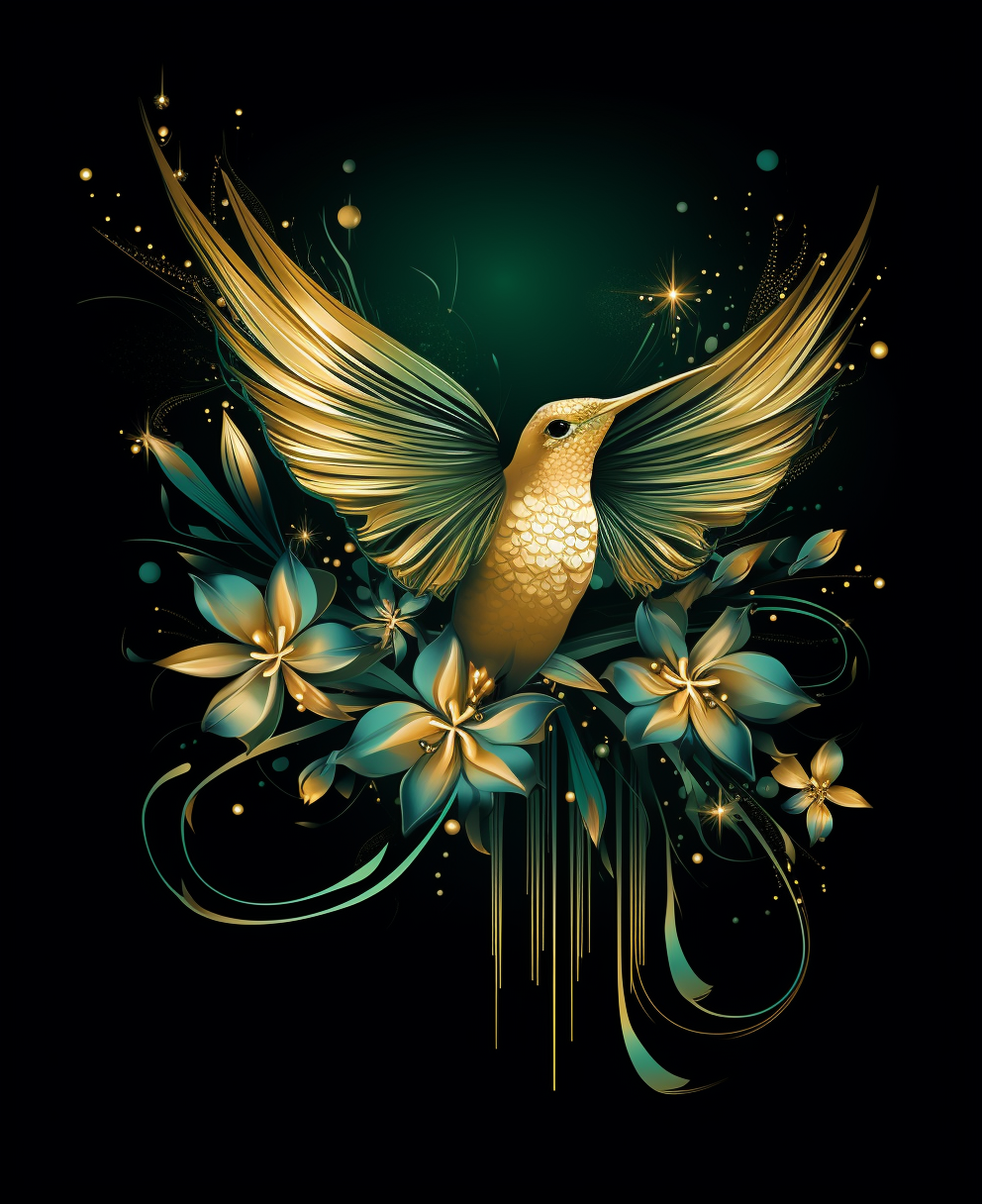 Majestic Gold Flower Kolibri in Abstract Art