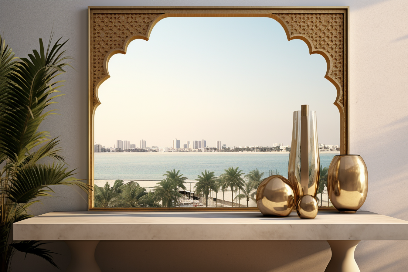 Gold frame mirror on balcony with sea view