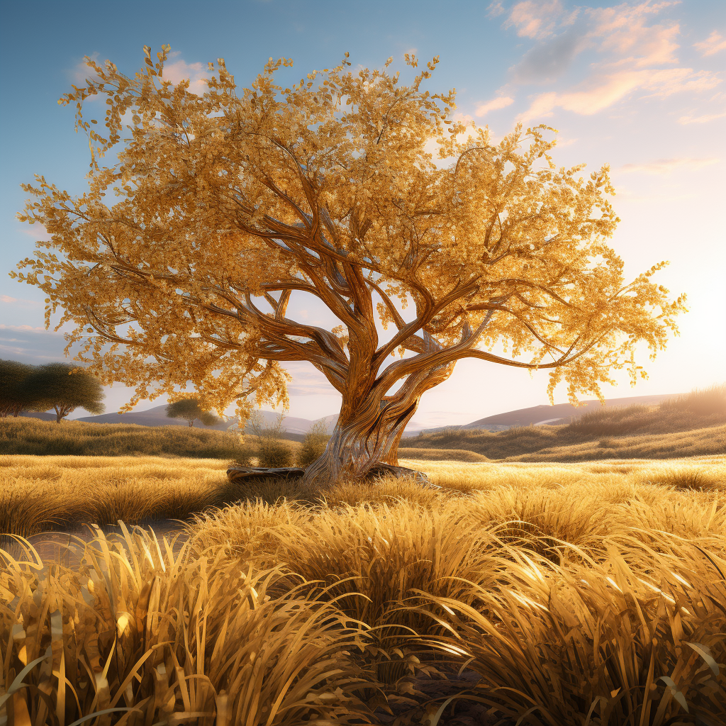 Stunning golden grass with an apple tree