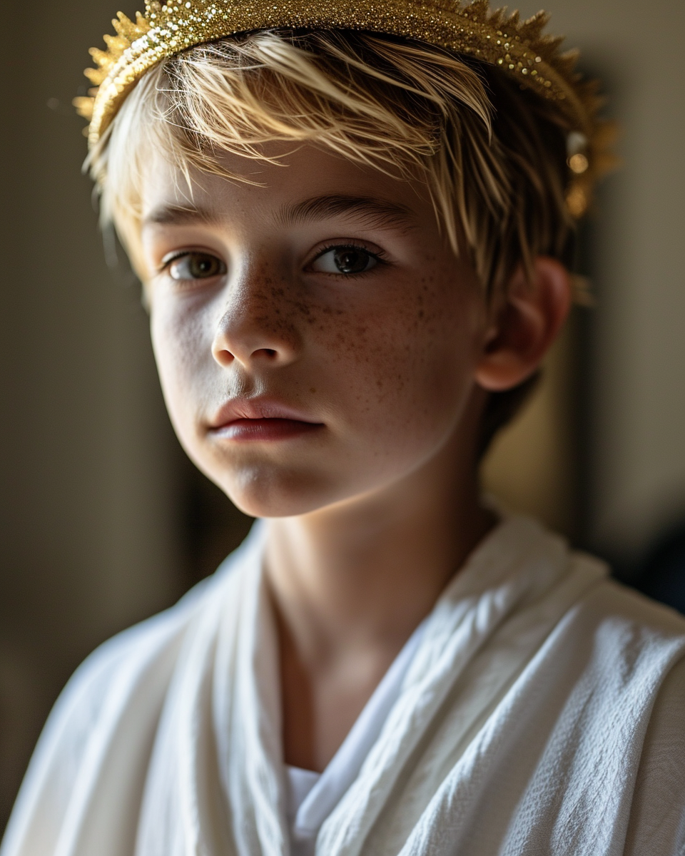 Young boy with a gold halo headband